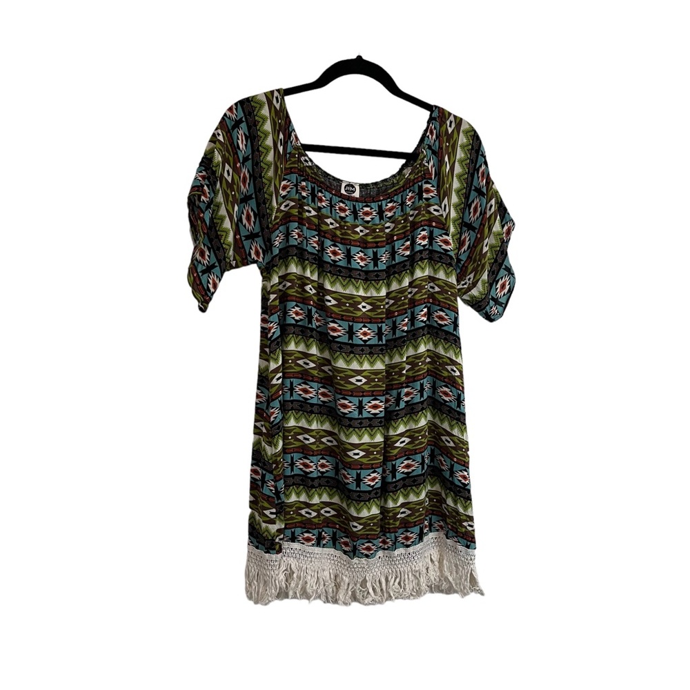 J&M Clothing Aztec Southwestern Striped Fringe Dress Green Blue Womens Size M